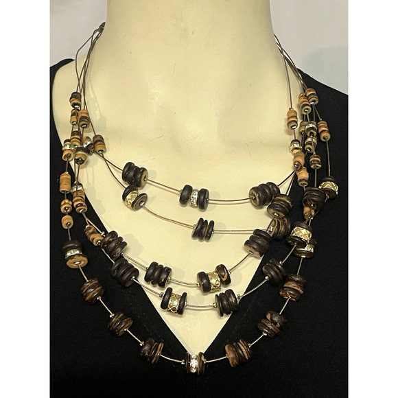 Chico's 5 Strand Memory Wire Statement Necklace Wood Beads Earthy Natural Colors - Picture 1 of 8